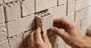 tijolos de plástico reciclado sendo encaixados manualmente em sistema construtivo modular