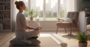 ALT (com PK) Mulher praticando meditação em casa em ambiente iluminado, simbolizando os benefícios da meditação para a saúde cerebral.