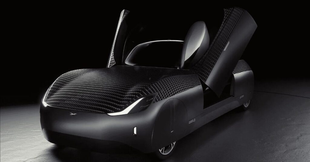 Carro voador elétrico Model A com portas abertas durante ensaio visual da Alef Aeronautics