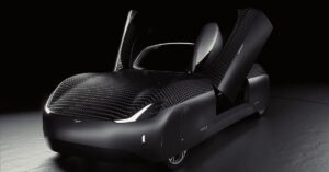 Carro voador elétrico Model A com portas abertas durante ensaio visual da Alef Aeronautics