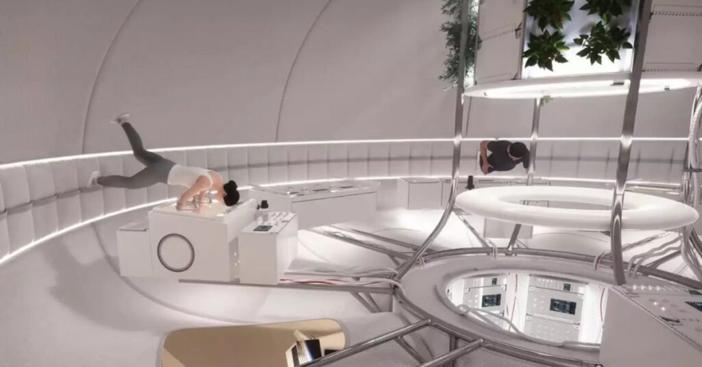 estação espacial expansível com interior inflável e tripulação em microgravidade