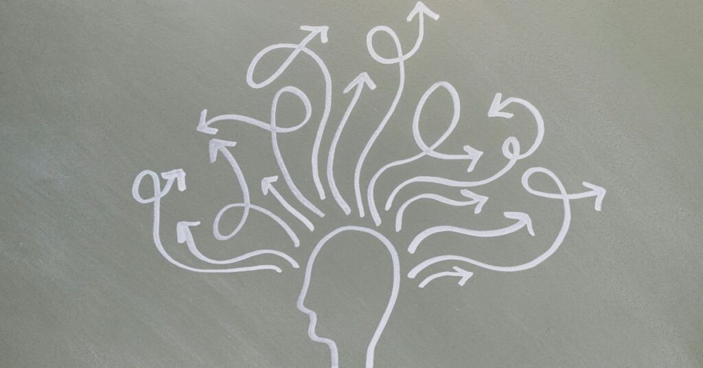 Ilustração conceitual de hormônios e saúde mental representada por cabeça humana com múltiplas setas simbolizando processos emocionais.