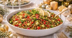 Tabule de lentilha no Ano-Novo servido em mesa de réveillon decorada