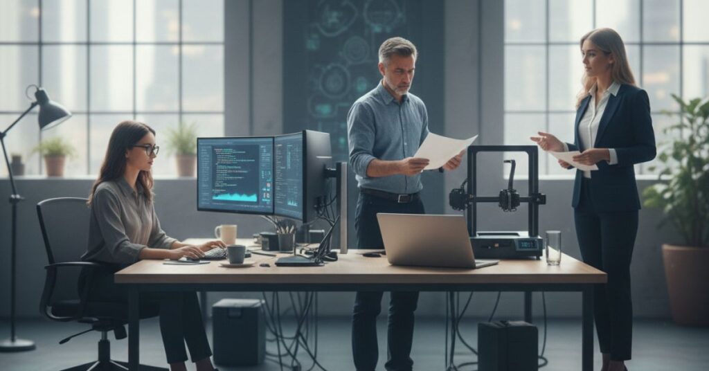 Profissionais trabalhando em ambiente moderno para ilustrar o que é "Hard Skills"