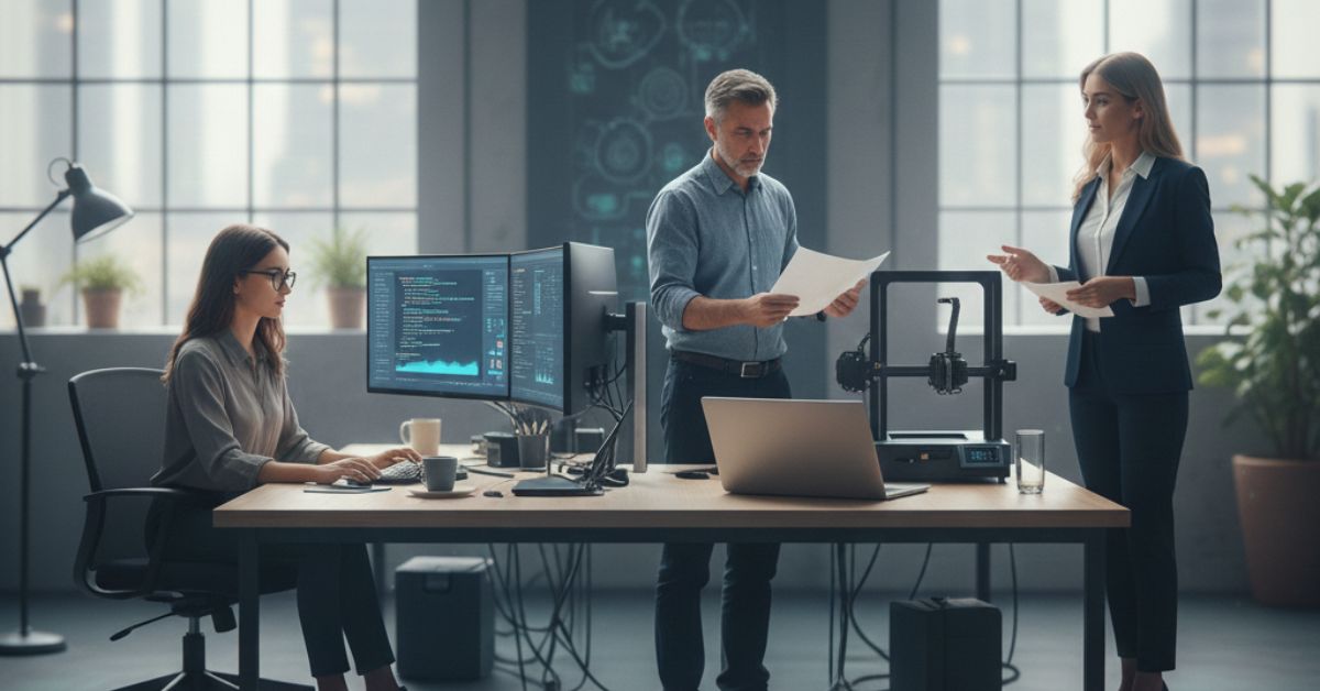 Profissionais trabalhando em ambiente moderno para ilustrar o que é "Hard Skills"