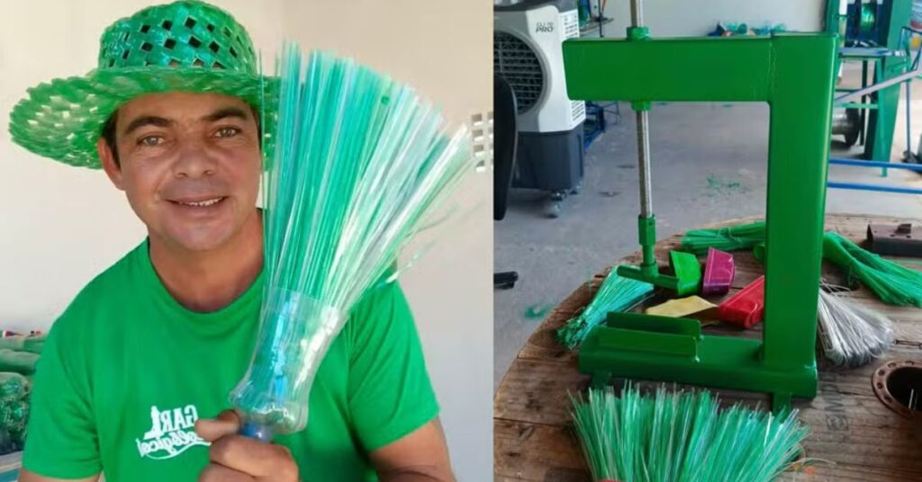 reciclagem de garrafa PET feita por gari com máquina artesanal no sertão da Paraíba