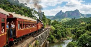 Passeio ferroviário em maria-fumaça cruzando ponte metálica entre montanhas e áreas verdes, representando a atmosfera das viagens de trem no Brasil.
