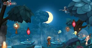 Cena de videogame brasileiro com personagem yanomami em jogo educativo ambientado na floresta