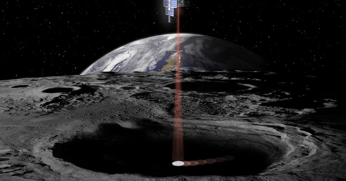 Representação do polo sul lunar com cratera sombreada associada à presença de água na Lua