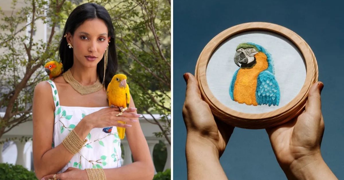 Bordados de artesãs brasileiras com pássaro da Mata Atlântica em criação apresentada na alta-costura de Paris