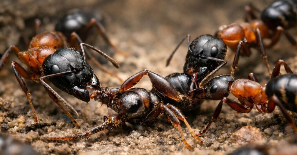 formigas cirurgiãs cuidando de companheira ferida no formigueiro