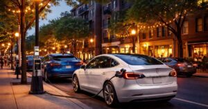 postes que carregam carros integrados à paisagem urbana