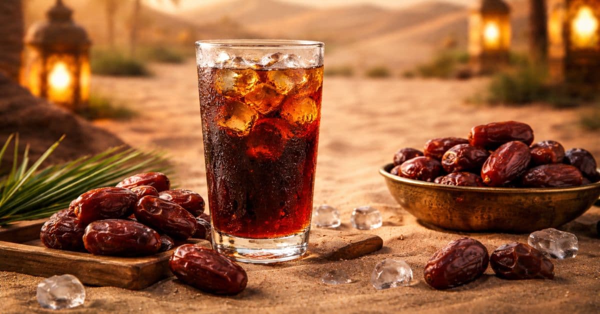 refrigerante árabe de tâmaras em garrafa com tâmaras naturais