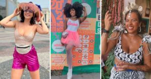Mulheres usando look estiloso e confortável no Carnaval de rua com tênis, acessórios e roupas leves