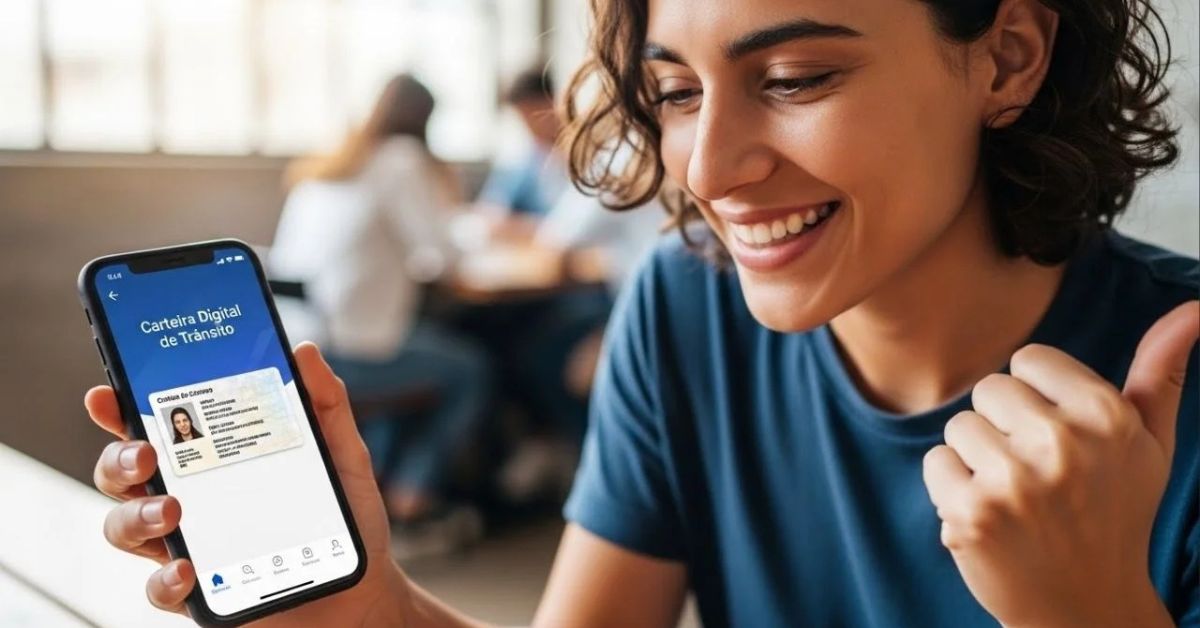 Mulher exibindo no celular o aplicativo da nova CNH digital