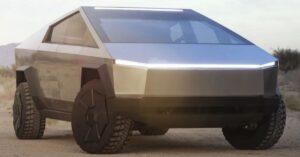 Tesla Cybertruck em destaque com design futurista e carroceria em aço inox