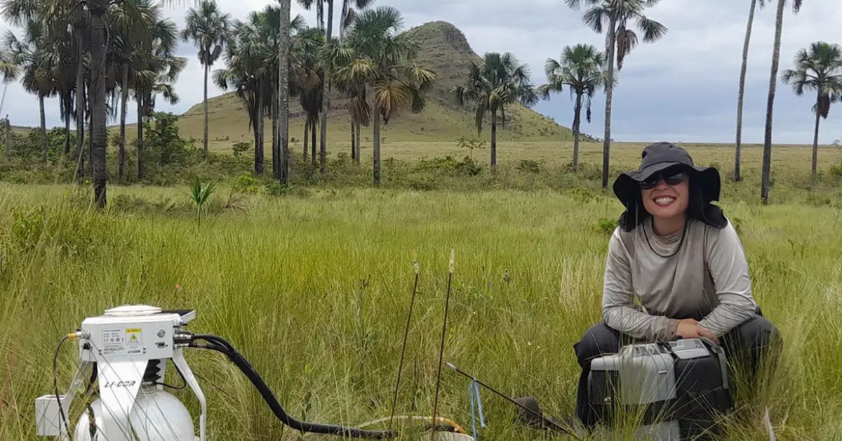 Pesquisadora coleta amostras de solo em área úmida para estudo sobre carbono no Cerrado