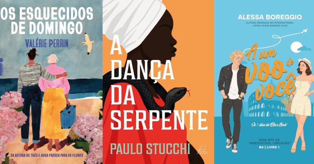 Capas de livros para ler em março como Os Esquecidos de Domingo, A Dança da Serpente e A Um Voo de Você