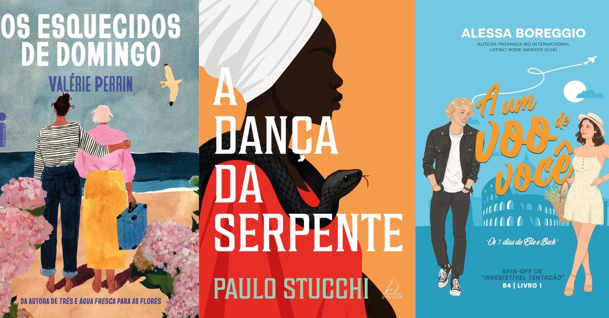 Capas de livros para ler em março como Os Esquecidos de Domingo, A Dança da Serpente e A Um Voo de Você