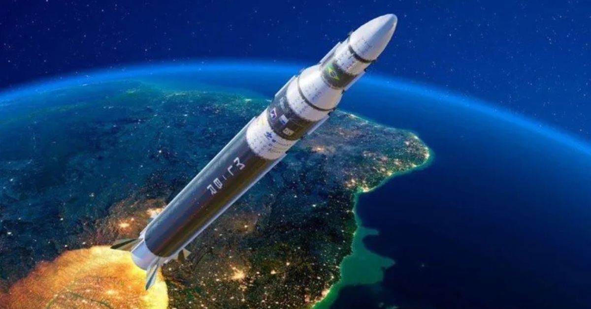 Foguete em órbita sobre a Terra representando os cursos gratuitos da AEB no setor espacial brasileiro