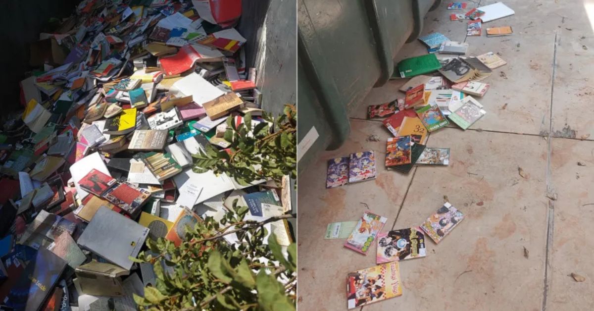 Livros descartados em Osasco espalhados no chão após retirada de acervo público