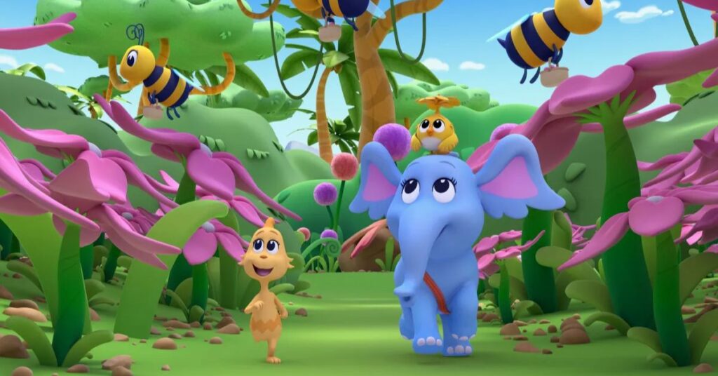 Cena de animação infantil no app infantil da Netflix com personagens coloridos em ambiente seguro e educativo