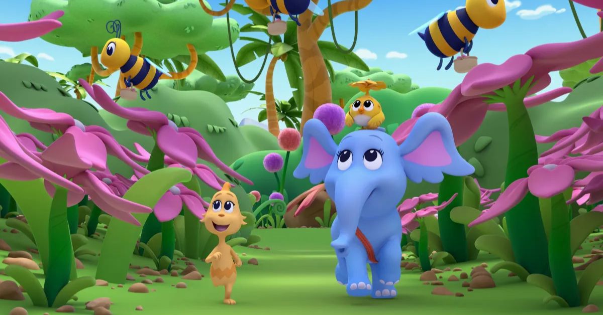 Cena de animação infantil no app infantil da Netflix com personagens coloridos em ambiente seguro e educativo