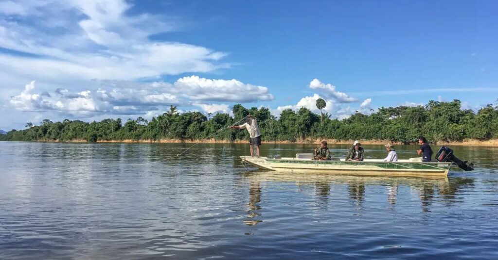 Renaturalização de rios na Amazônia com comunidade ribeirinha em barco em área de vegetação preservada