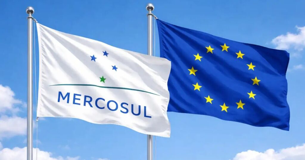 Acordo Mercosul-UE ilustrado pelas bandeiras do Mercosul e da União Europeia