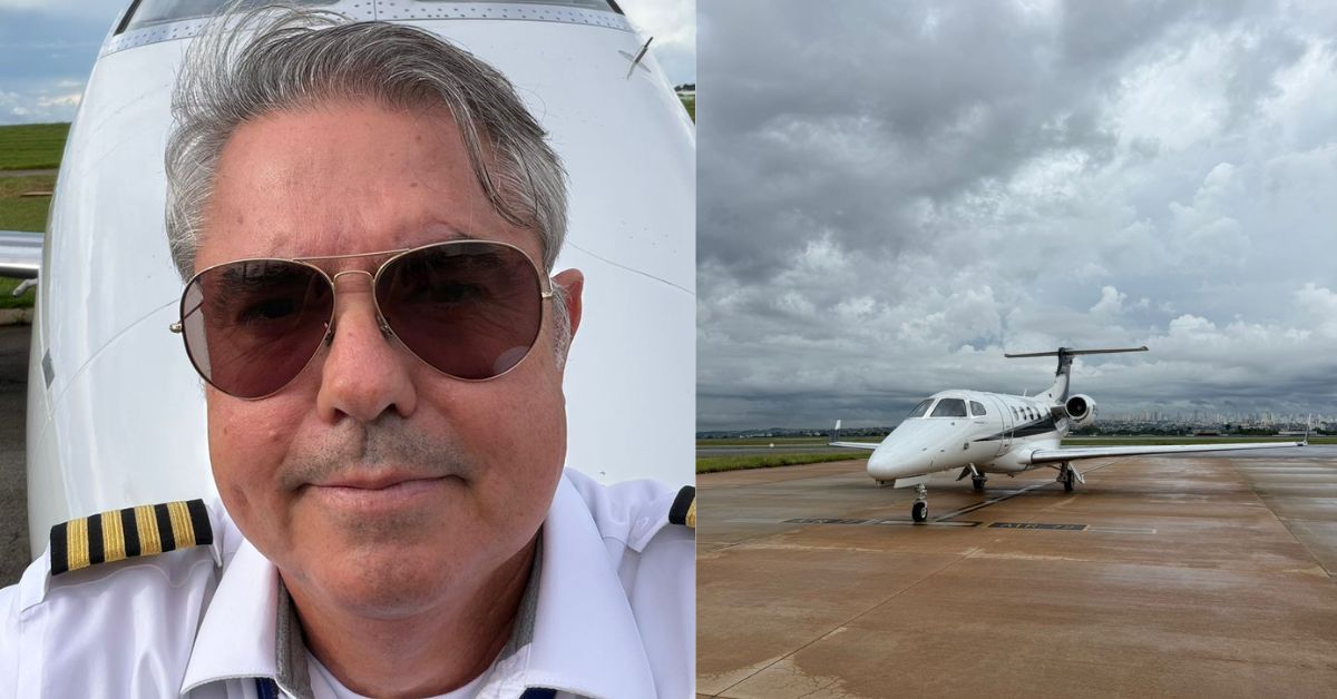 Comandante Zezil Ferreira em frente a aeronave da aviação executiva, piloto compartilha conteúdos sobre segurança aérea e ajuda passageiros a vencer o medo de voar.