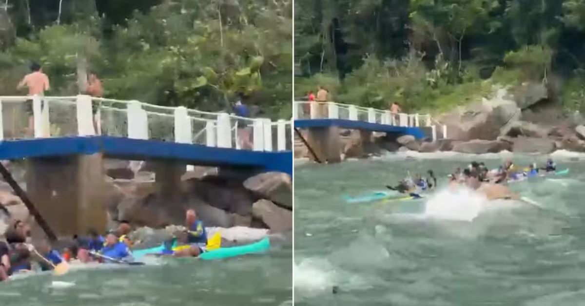 Resgate de canoas havaianas no Guarujá com nove pessoas após correnteza em mar agitado