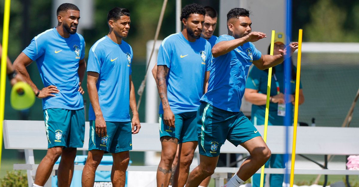 Jogadores da Seleção Brasileira treinam antes da estreia contra Marrocos na Copa do Mundo de 2026