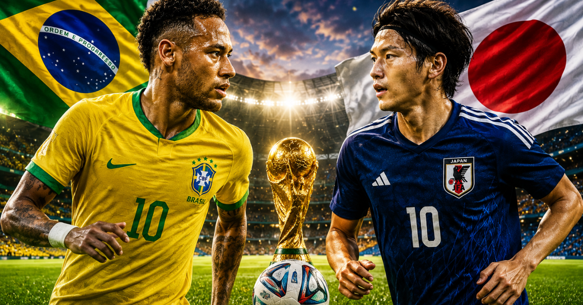 Jogadores das seleções do Brasil e do Japão aparecem frente a frente em um estádio iluminado, com a taça da Copa do Mundo ao centro e as bandeiras dos dois países ao fundo.