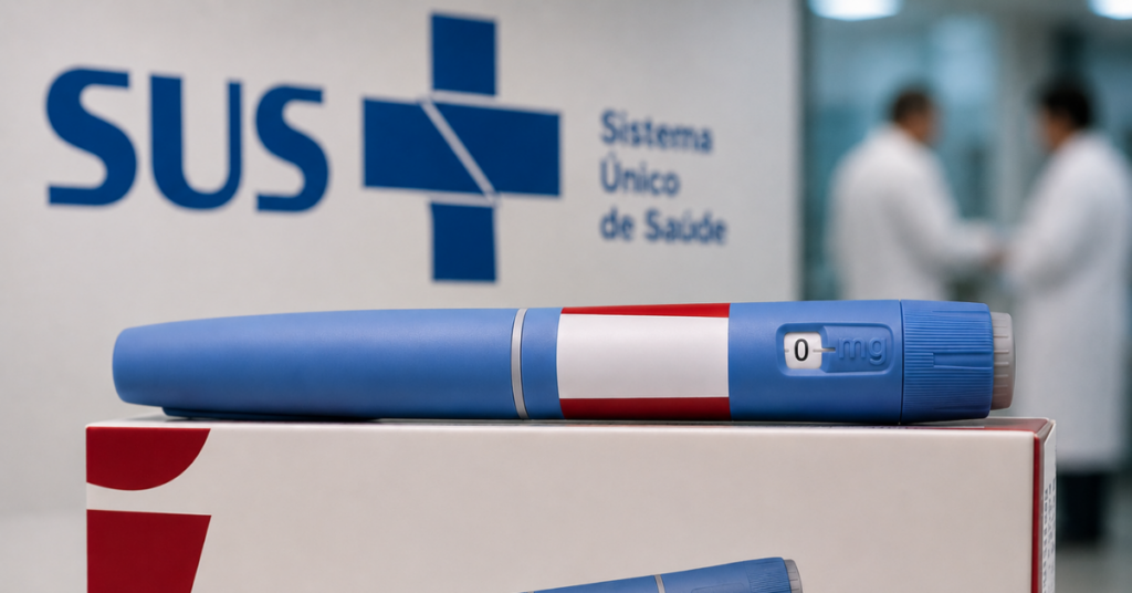 Caneta injetável sem identificação comercial sobre uma caixa branca, com o logotipo do Sistema Único de Saúde (SUS) desfocado ao fundo em um ambiente hospitalar.