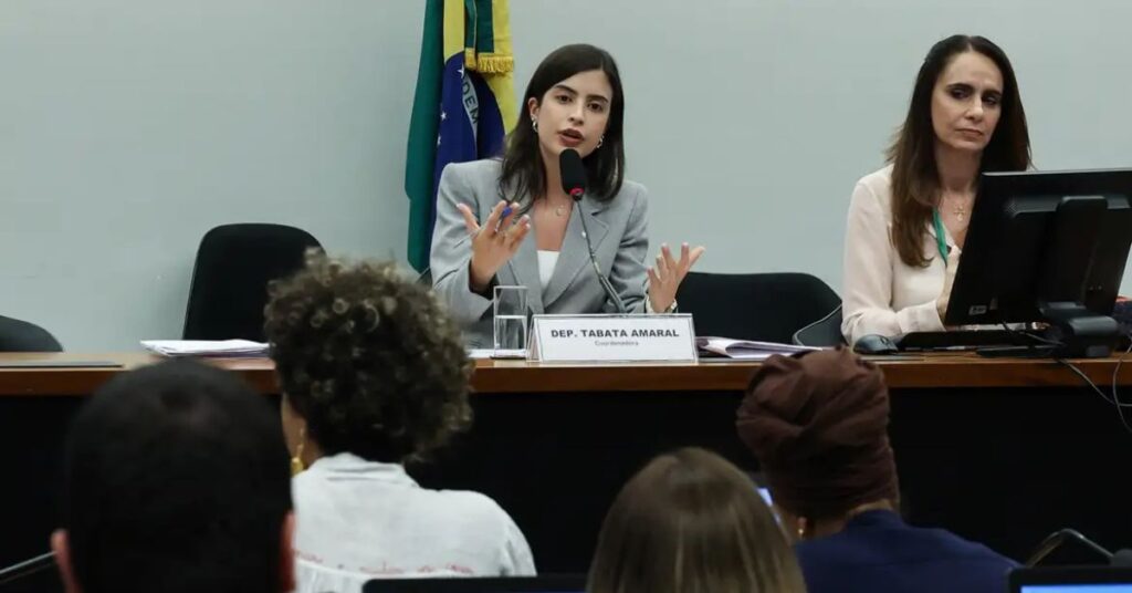 Deputada Tabata Amaral participa de reunião na Câmara dos Deputados sobre projeto de combate à misoginia e prevenção da violência contra mulheres.