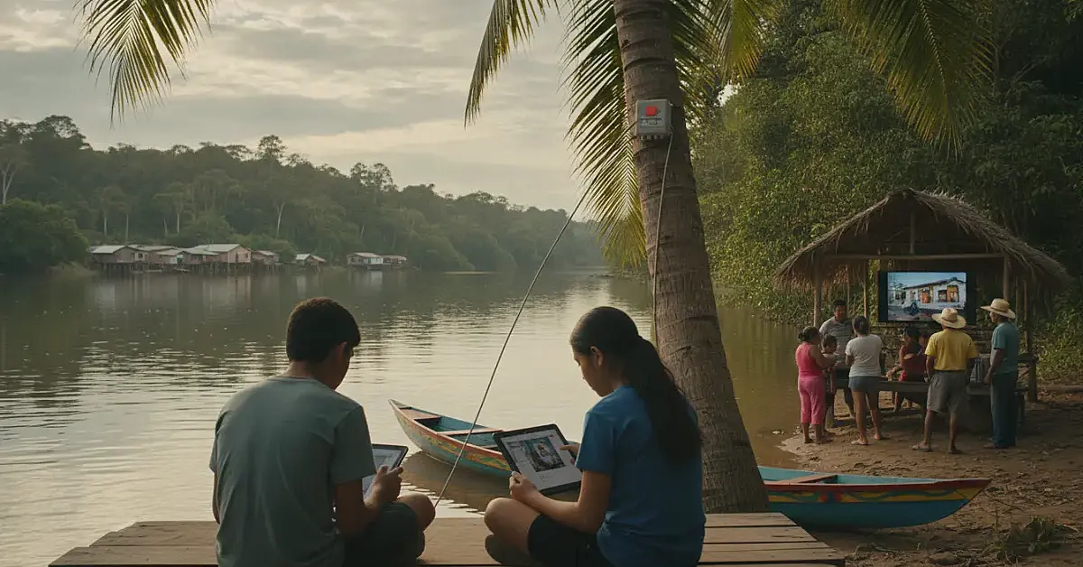 Internet na Amazônia permite acesso à educação e a serviços digitais em comunidade ribeirinha.