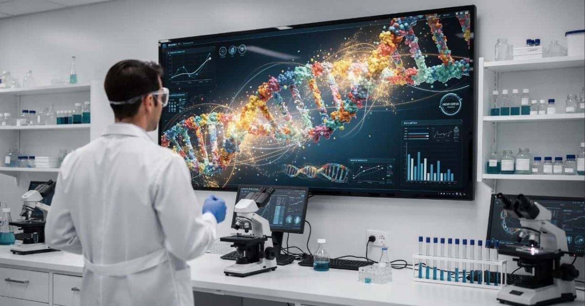 Pesquisador analisa sequenciamento de DNA em laboratório para medicina de precisão aplicada ao câncer de pulmão