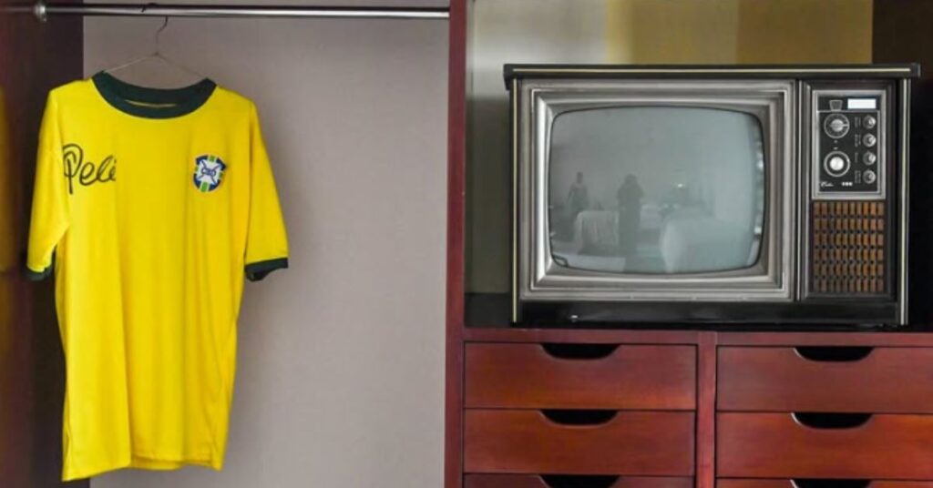 Camisa da Seleção Brasileira assinada por Pelé e televisão de época em exposição no Museu de Pelé no México, que preserva a memória da Copa do Mundo de 1970.