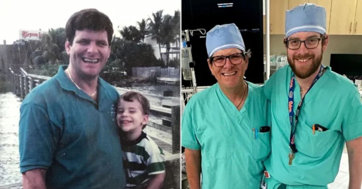Pai e filho cirurgiões aparecem juntos na infância e anos depois no centro cirúrgico, representando o legado familiar na medicina.