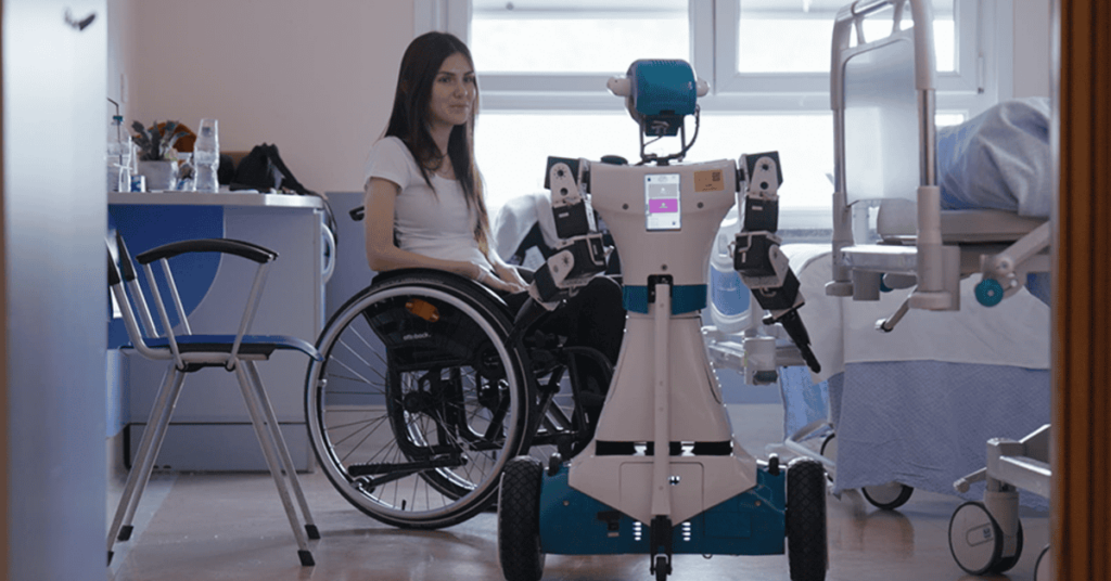 Robô hospitalar desenvolvido pelo Instituto Italiano de Tecnologia utiliza músculos artificiais para interagir com pessoas de forma segura.