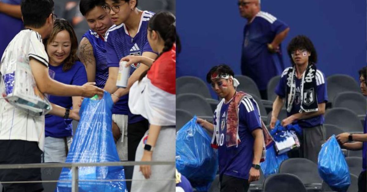 Torcedores japoneses recolhem lixo e realizam a limpeza das arquibancadas após partida da Copa do Mundo