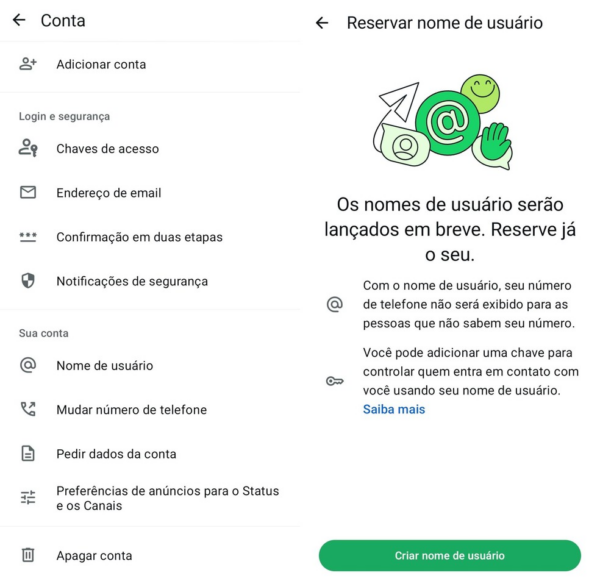 Tela do WhatsApp mostra a opção para reservar um nome de usuário, recurso que permitirá iniciar conversas sem compartilhar o número de telefone.