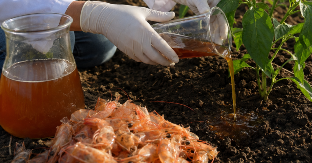 Pesquisadora aplica biofertilizante de camarão em uma plantação.