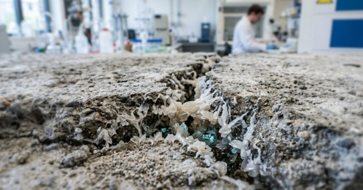 Amostra de concreto com bactérias apresenta fissura preenchida por cristais durante experimento em laboratório.
