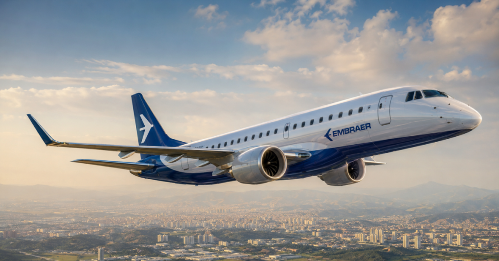 Avião da Embraer em voo, empresa destacada pelo jornal francês Le Monde como símbolo do sucesso industrial brasileiro.