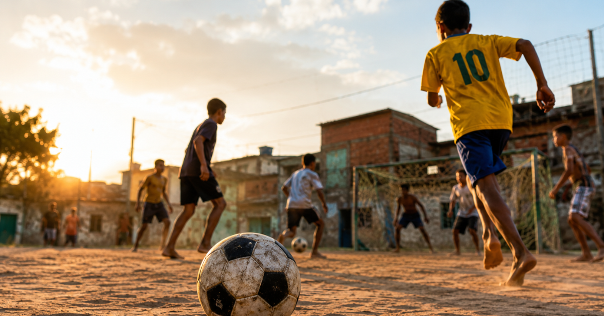 Muito além dos estádios, o futebol segue reunindo diferentes gerações em bairros, comunidades e espaços públicos por todo o país. Imagem: IA/ChatGPT