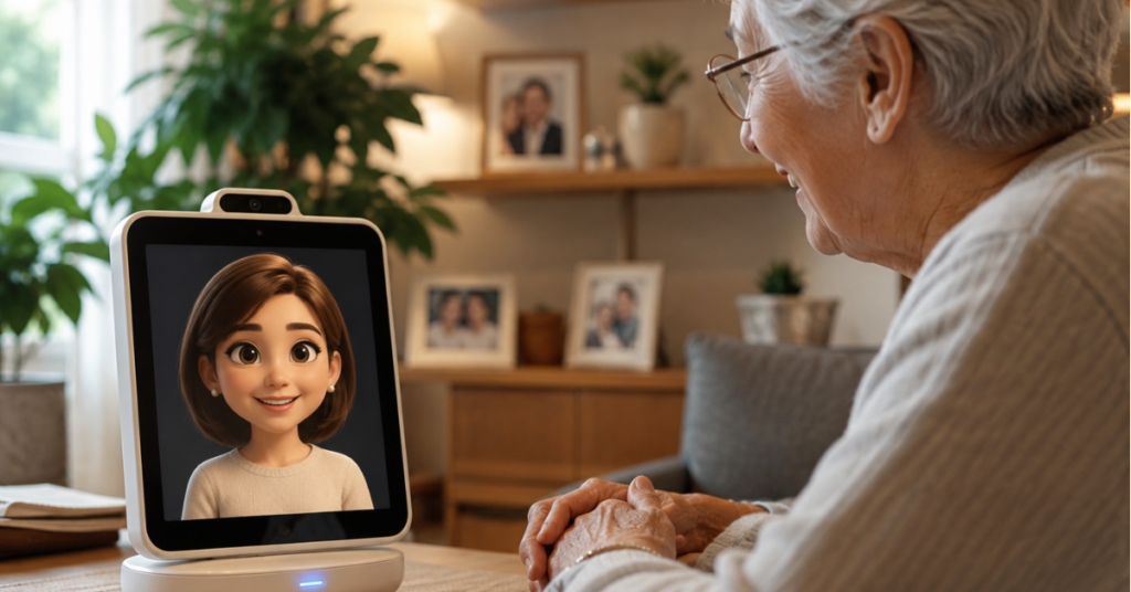 Idosa interage com um dispositivo de inteligência artificial que exibe um avatar e acompanha sua rotina em casa.
