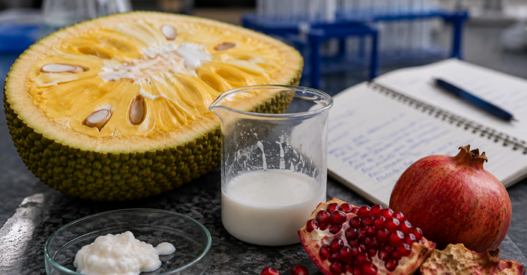 Jaca, romã e biomaterial em bancada de laboratório representam pesquisa brasileira sobre tratamento da periodontite.