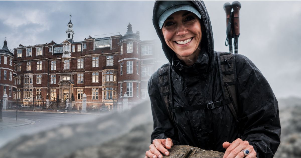 Kate Middleton em desafio de montanhismo com referência ao Royal Marsden Hospital após tratamento contra câncer