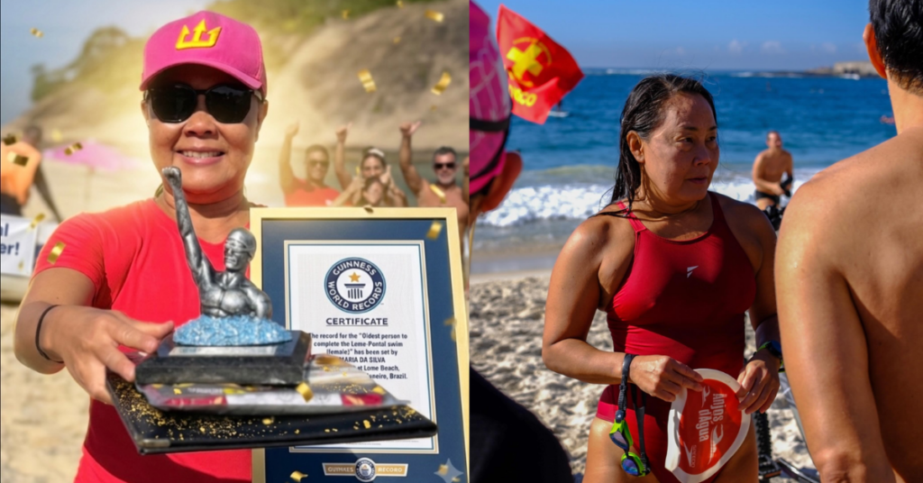 Clarice Shiguemi Hashizume segura o certificado e o troféu do Guinness World Records e aparece momentos antes da Travessia do Leme ao Pontal, no Rio de Janeiro.